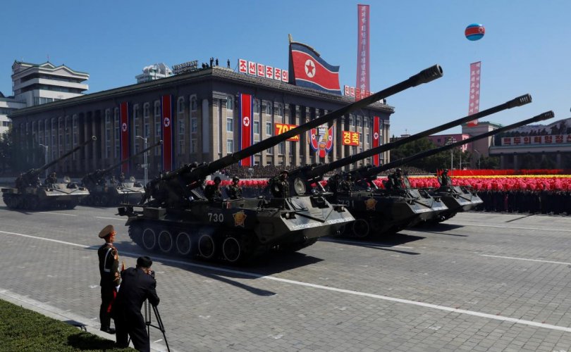 Self propelled artillery roll pass during a military parade marking the 70th anniversary of North Korea's foundation in Pyongyang