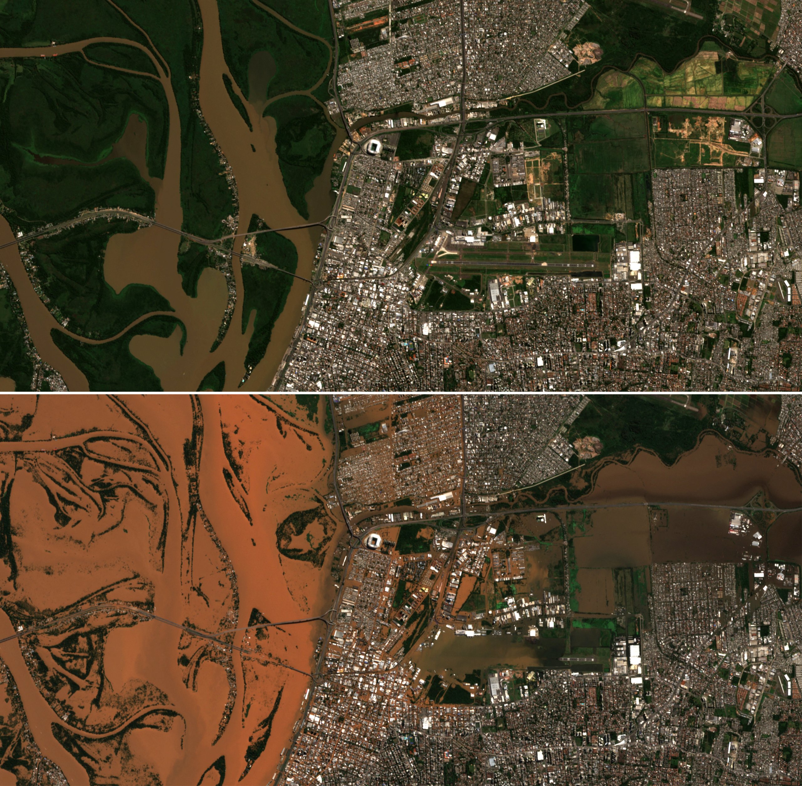 A combination picture shows satellite views of an area before and after flooding in Porto Alegre