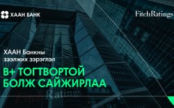 “Фитч” агентлаг ХААН Банкны зээлжих зэрэглэлийг B+ болгож сайжрууллаа