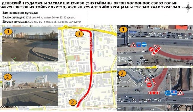 Энхтайваны өргөн чөлөөнөөс Их тойруу хүртэлх авто замыг хааж, шинэчилнэ